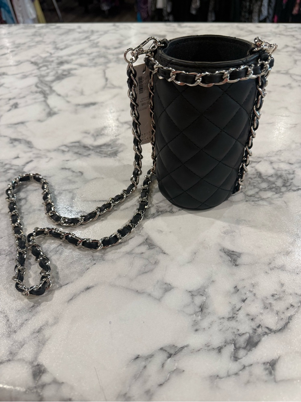 White House Black Market Black Quilted Chain Strap Water Bottle Holder Bag NWT